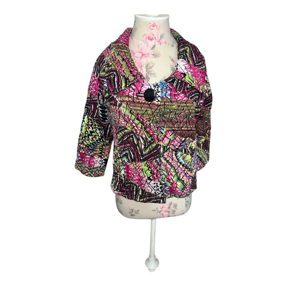 Parsley & Sage Pink and Green Cropped Soft Quilt Blazer with Wide Lapel sz M